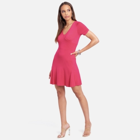 Bebe Raspberry Knit Mini Dress – V-Neck, Ruched Short Sleeves & Flowy Hem - Picture 6 of 7